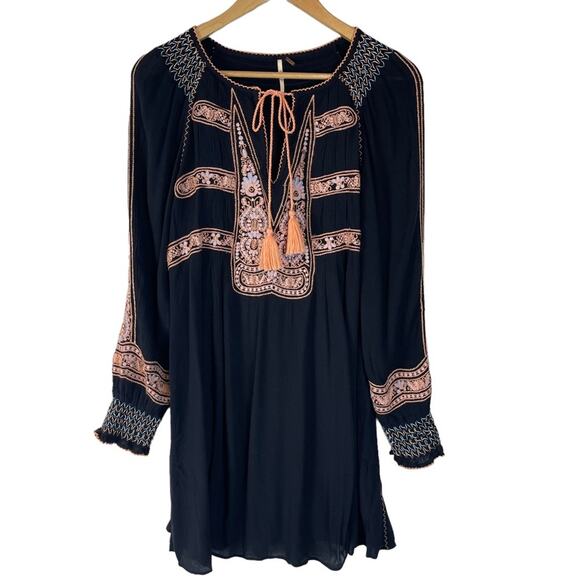 Free People Wind Willow Embroidered Navy Long Sleeve Mini Peasant Dress XS - Picture 6 of 12